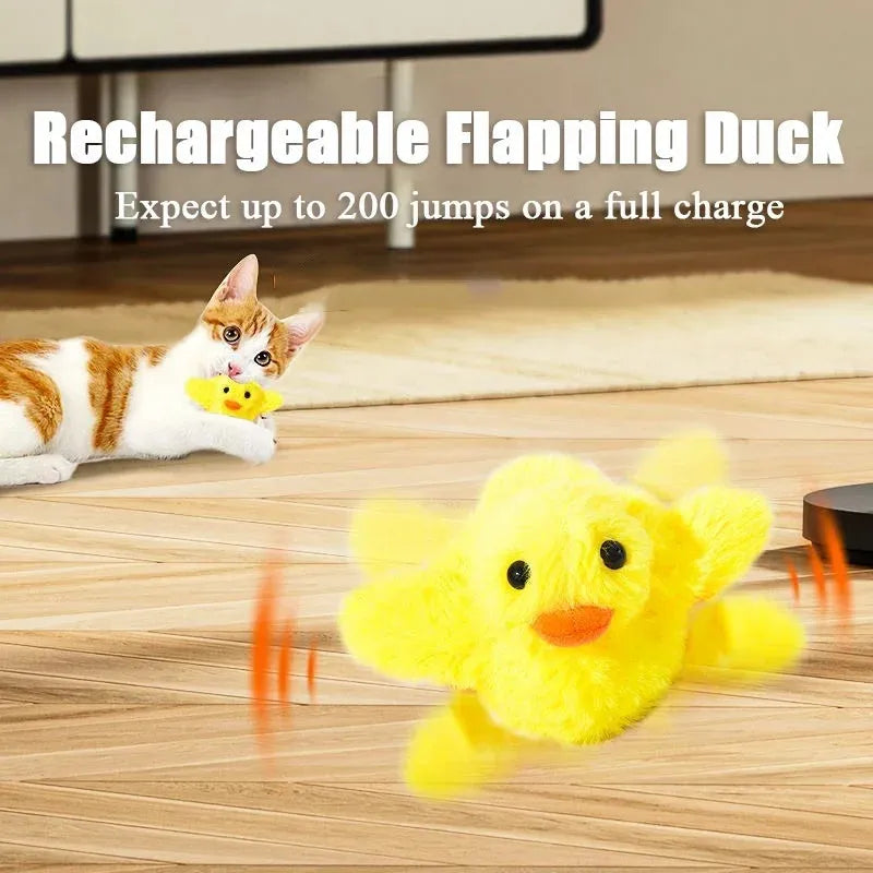 Yellow flapping duck cat toy with removable plush cover and USB charging cable