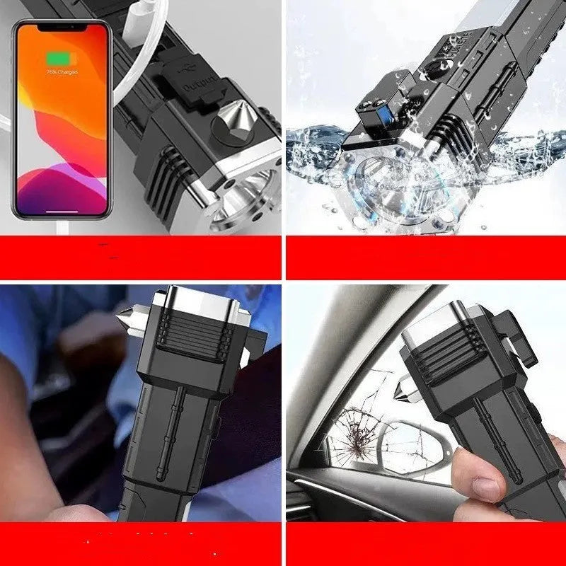 Silver coloured plastic IP44 waterproof power bank flashlight with strong LED light for outdoor use.