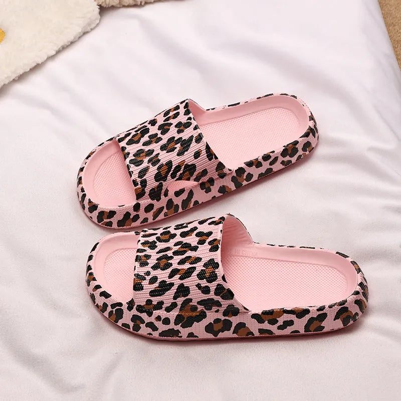 Women's leopard print EVA slippers with thick sole, shown in multiple colour variants.