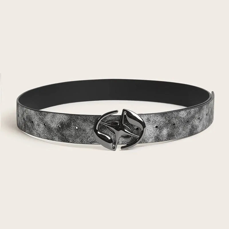 Women's vintage oval buckle belt in grey PU leather with thick width and alloy fastening