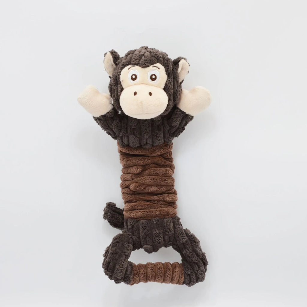 Large blue hippo plush dog toy with a handle, sitting next to a brown monkey version.