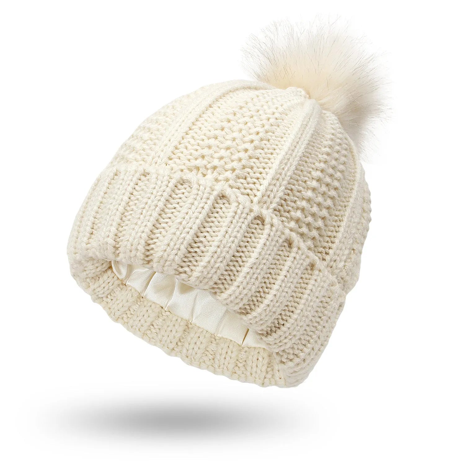 Women's wool beanie hat with satin lining and faux fur pom pom in multiple colours