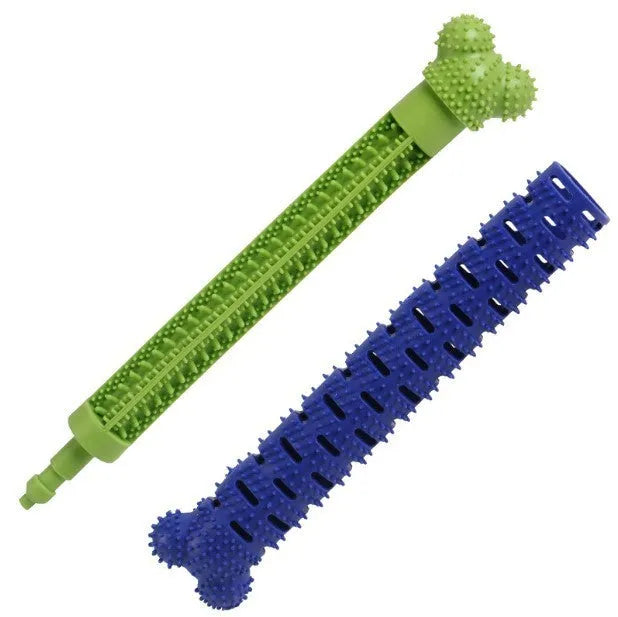 Blue green silicone dog dental cleaning stick with brush head and massage nodules for teeth and gum care