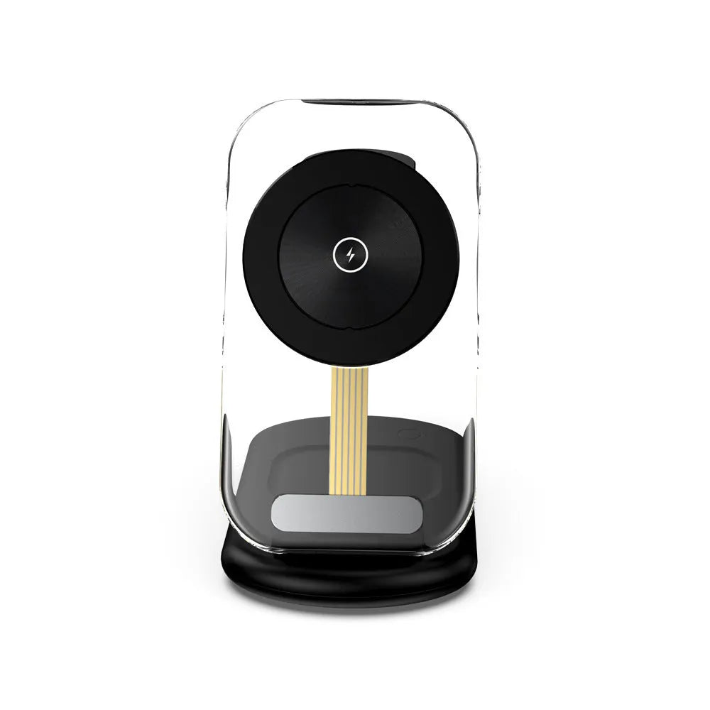 Transparent folding magnetic three-in-one wireless charger in black or white colour