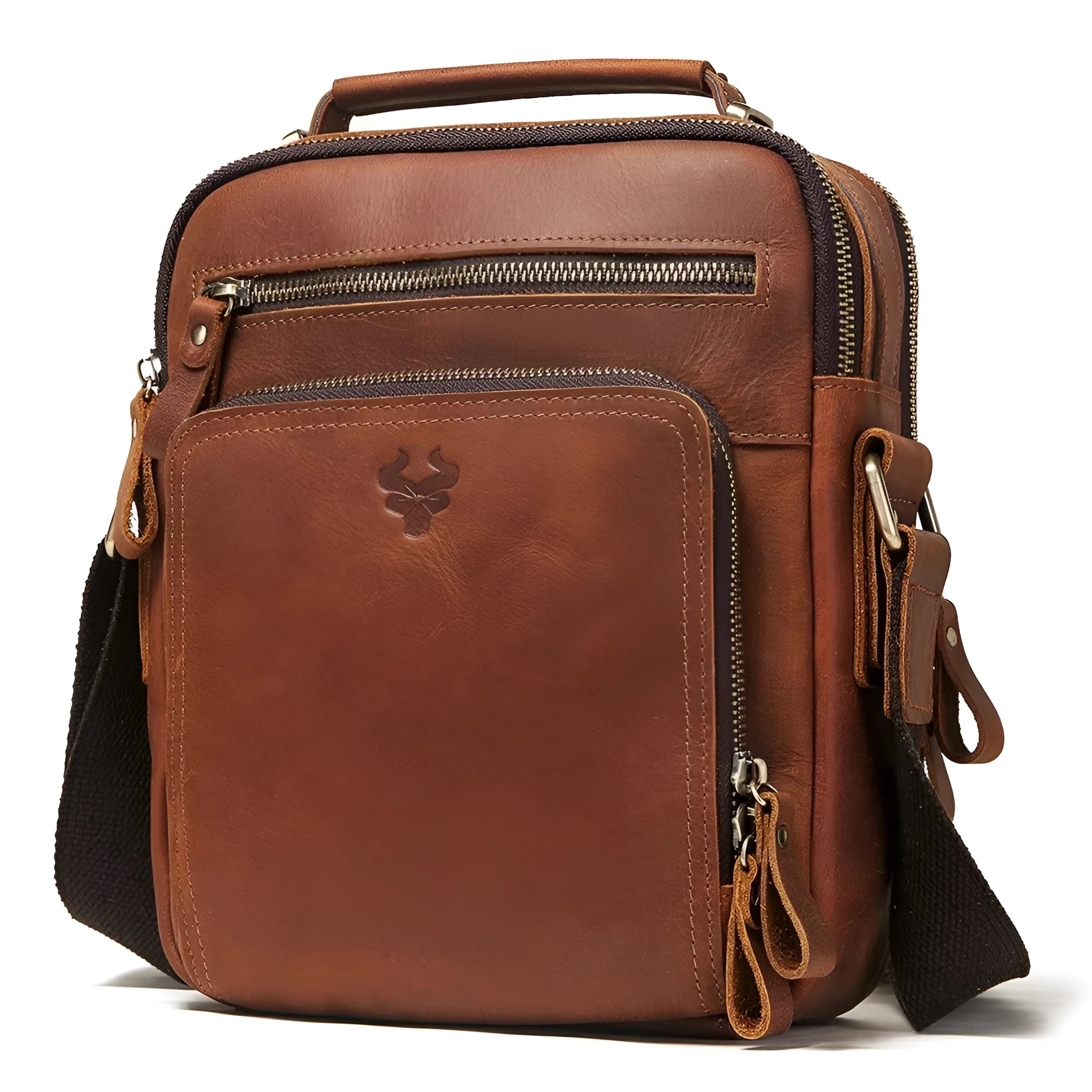 Men's vintage style leather crossbody bag in brown with visible stitching details