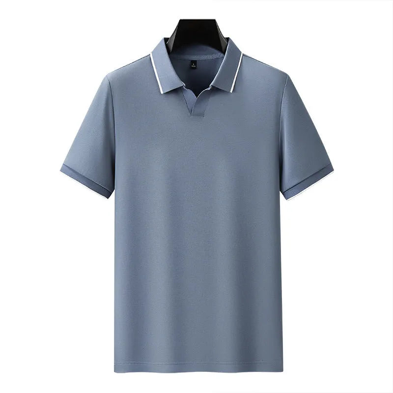 Men's mercerized cotton blend lapel polo shirt in short sleeve design on hanger.