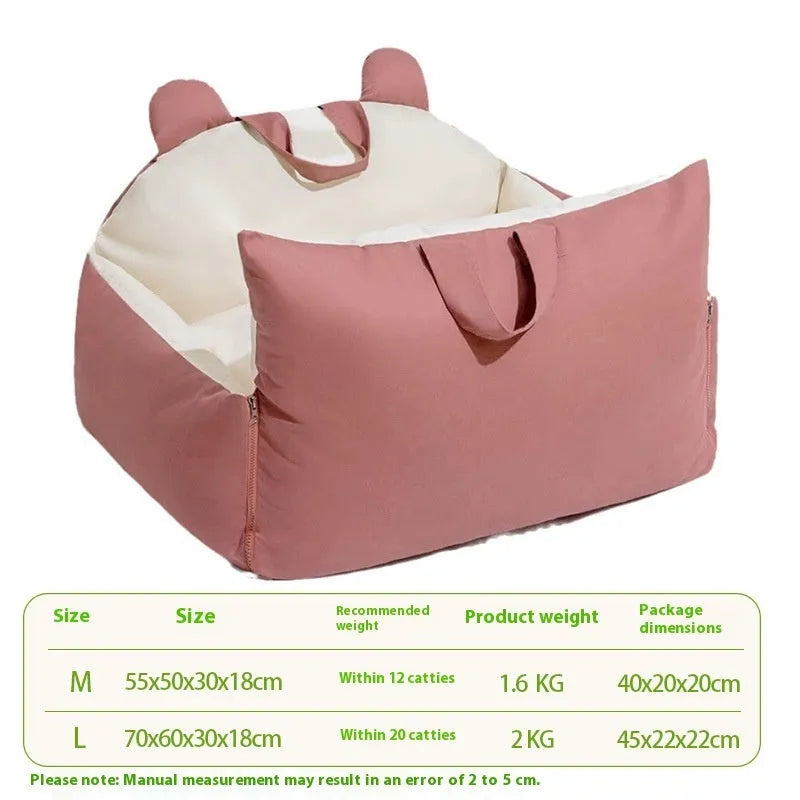 Four Seasons removable washable dog car kennel in beige, shown in size L dimensions 70x60x30cm.