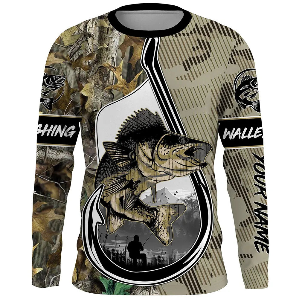 Men's grey pullover with a large printed blue fish design on the front, featuring long sleeves and a round neck.