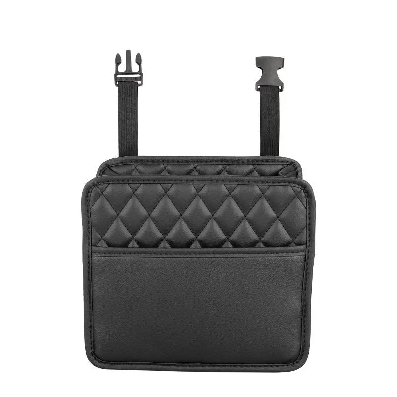 Leather hanging car storage bag in black colour measuring 25cm with hanging straps