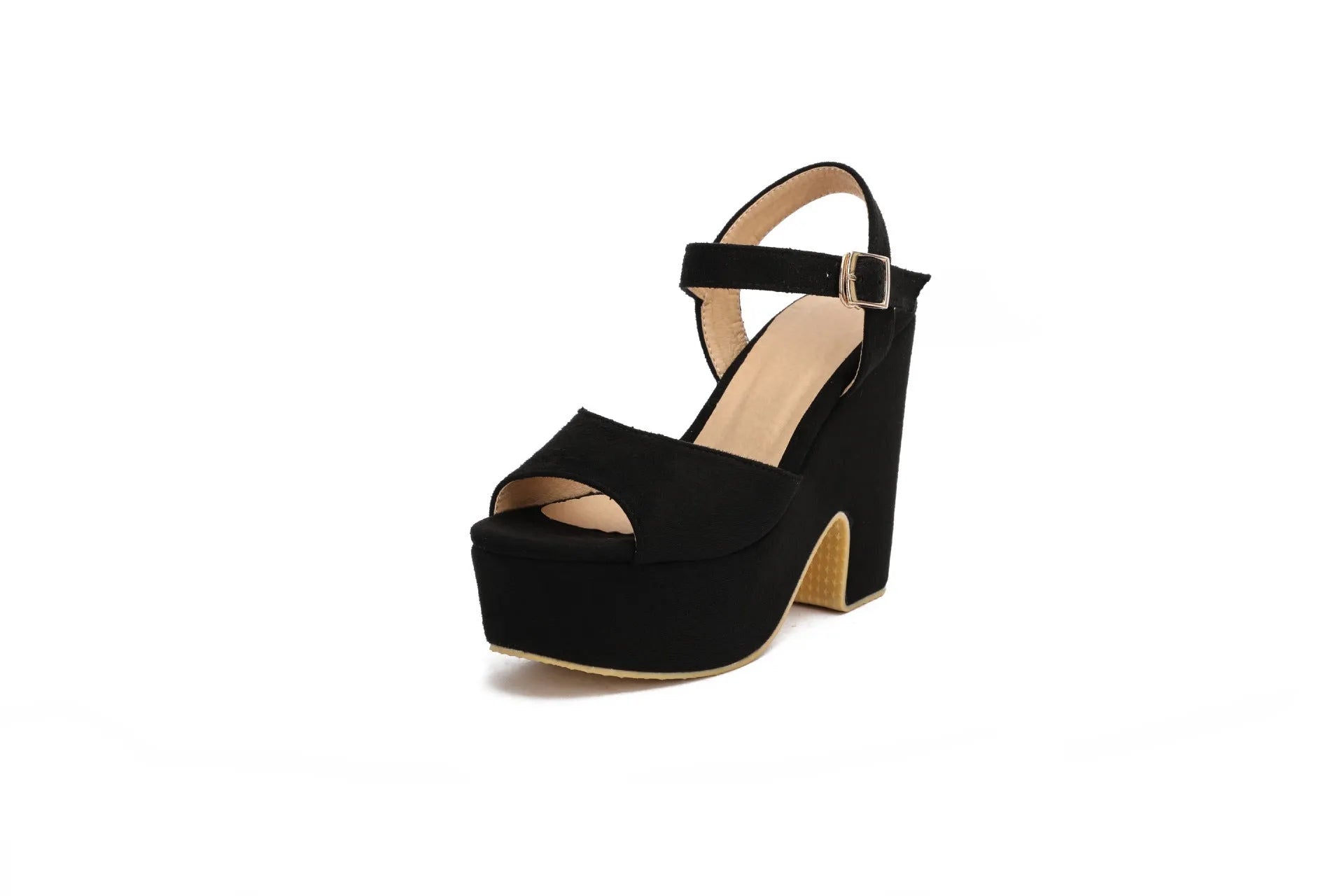 Black suede plus size platform sandals with ankle straps and open toe design for women