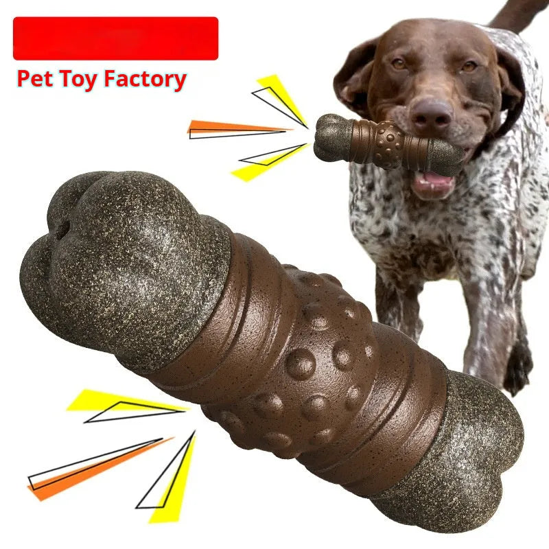 Wood colour plastic dog toothbrush toy with bone shape and extended molar rod for dental care