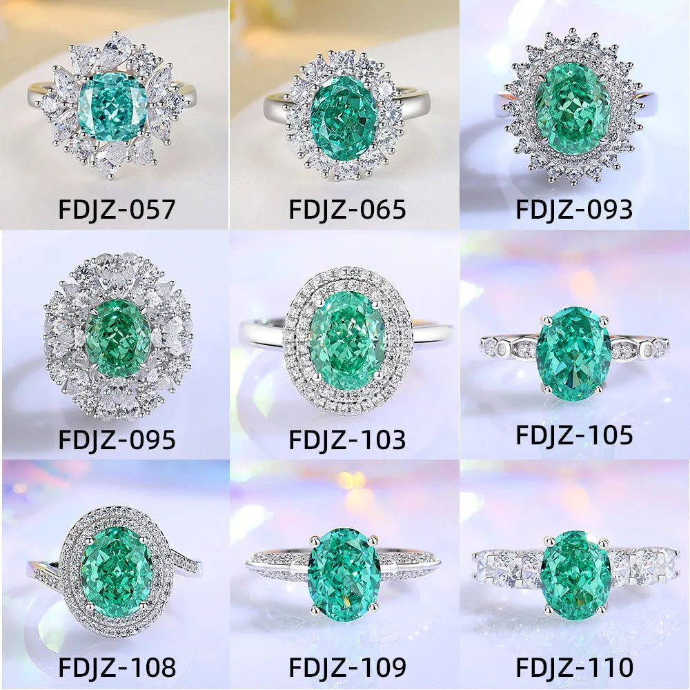 S925 silver emerald ring for women with inlaid high carbon diamonds in a geometric design on a white background.