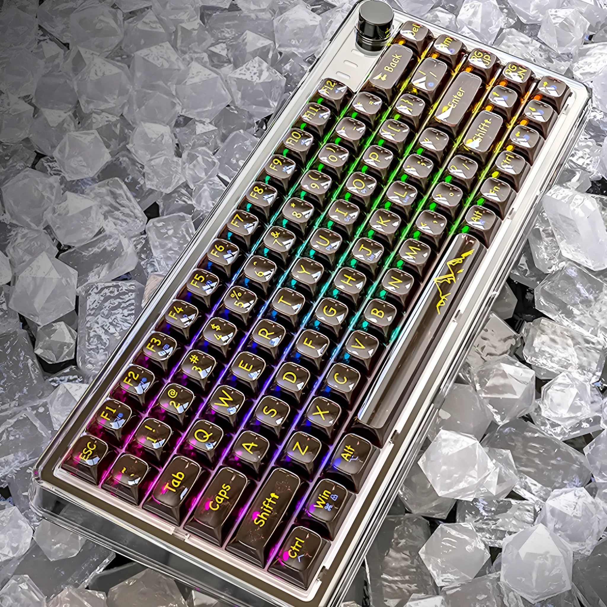 Attack Shark K75RGB wireless mechanical keyboard with transparent black or white PC case and RGB lighting.