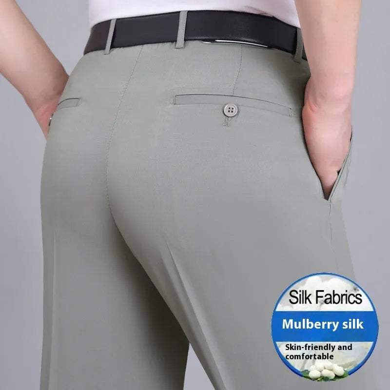 Men's mulberry silk business trousers in straight leg cut with high waist design