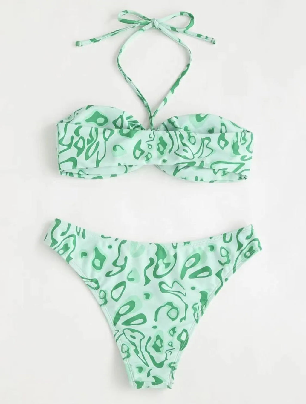 Green floral bandeau bikini swimsuit with backless design and matching briefs