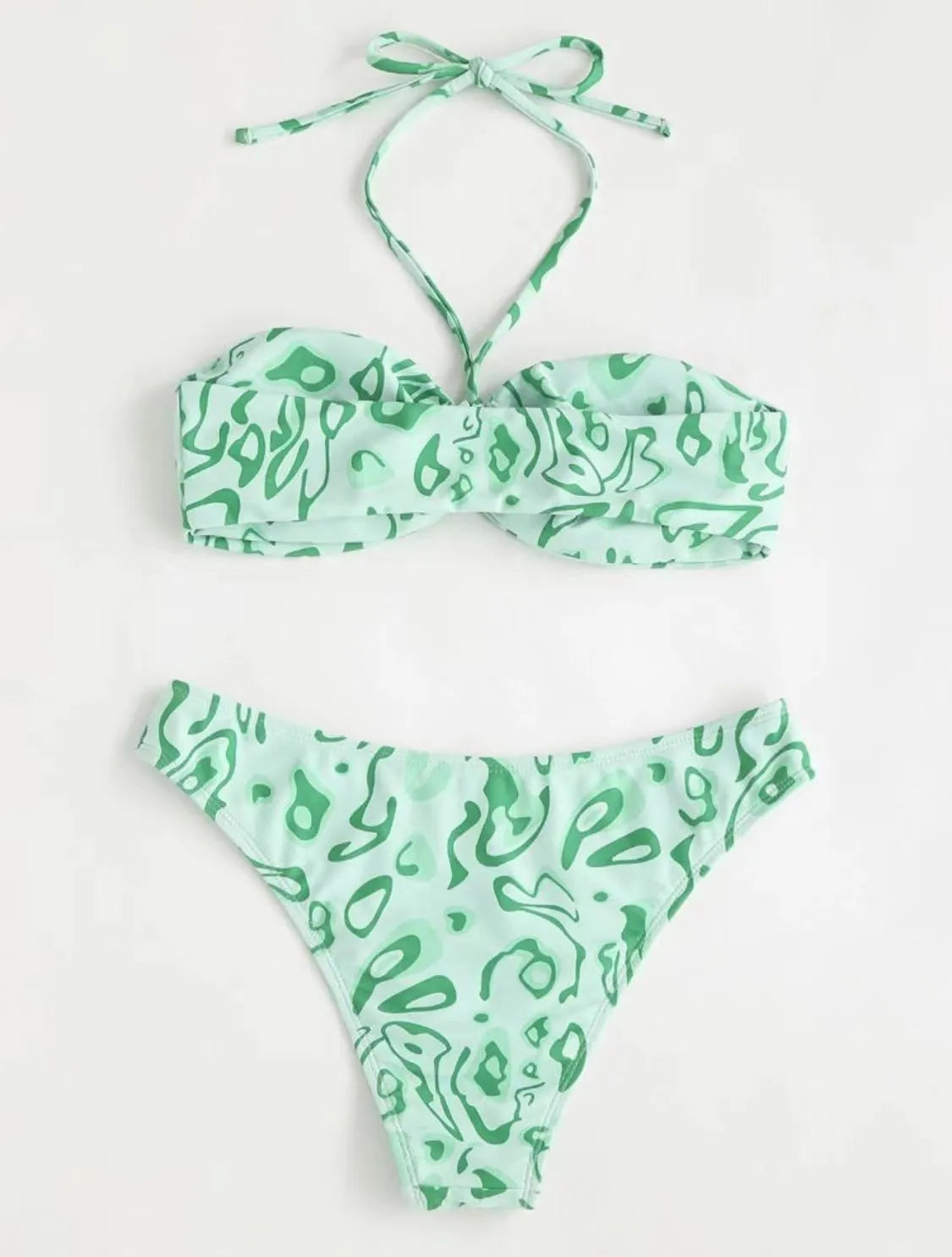 Green floral bandeau bikini swimsuit with backless design and matching briefs
