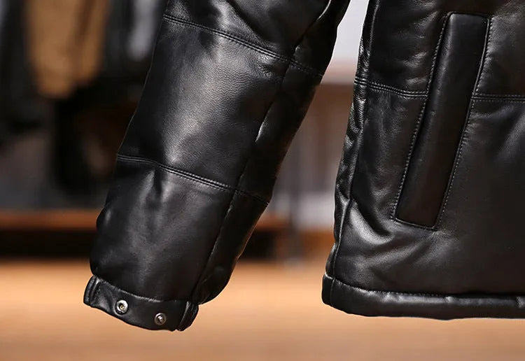 Men's black stand collar sheepskin down leather jacket with pocket decoration on a hanger