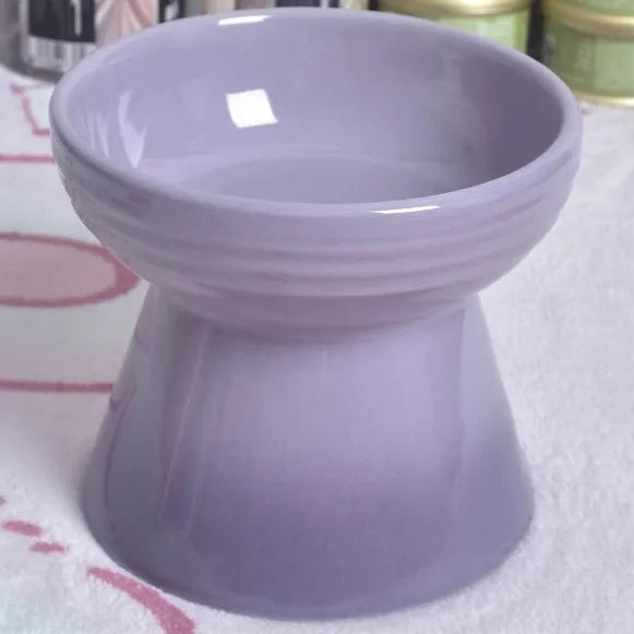 Black ceramic pet bowl with a chin-high foot and raised neck protector on a white background.