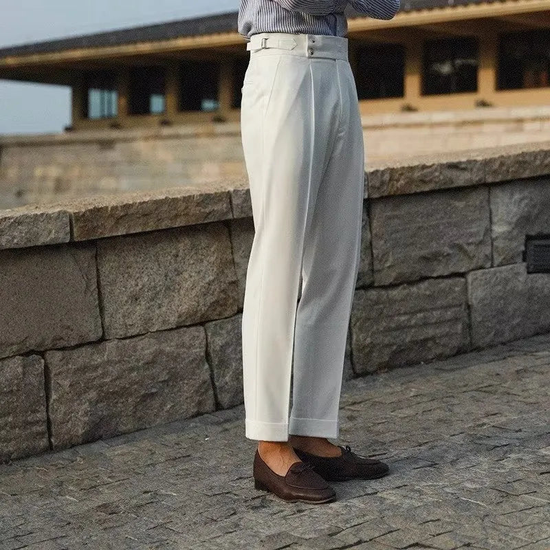 Slim fit straight leg business trousers in chemical fibre blend fabric