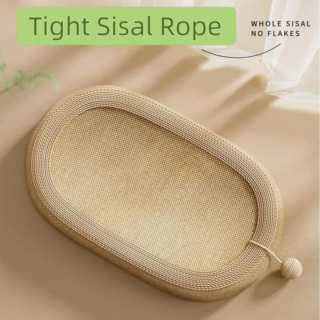 Large natural sisal cat scratching board with a built-in raised lounging bed for cats.