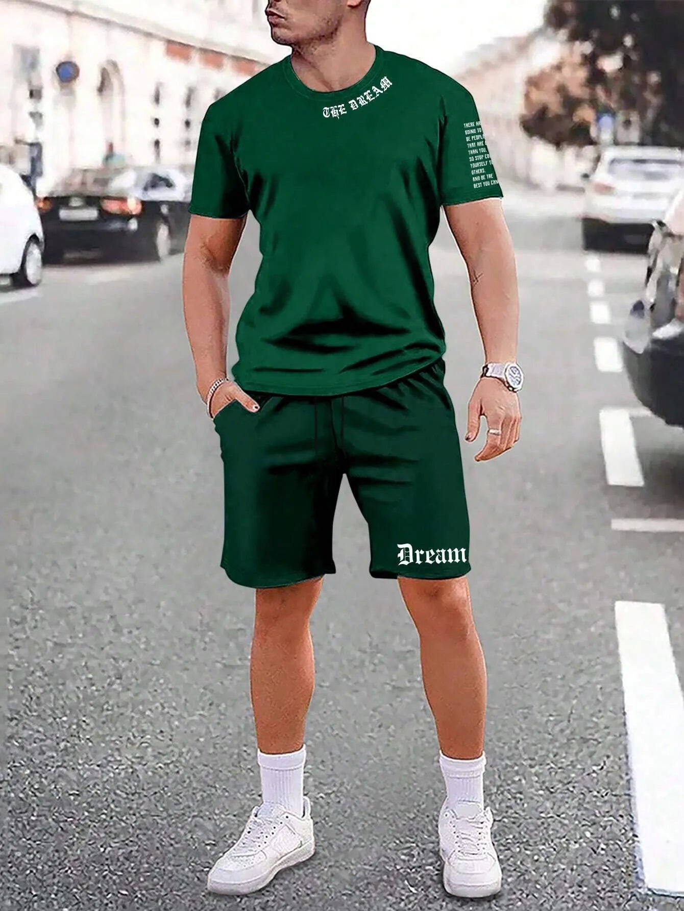 Lightweight quick-dry short-sleeved top and matching shorts sports set on a neutral background.