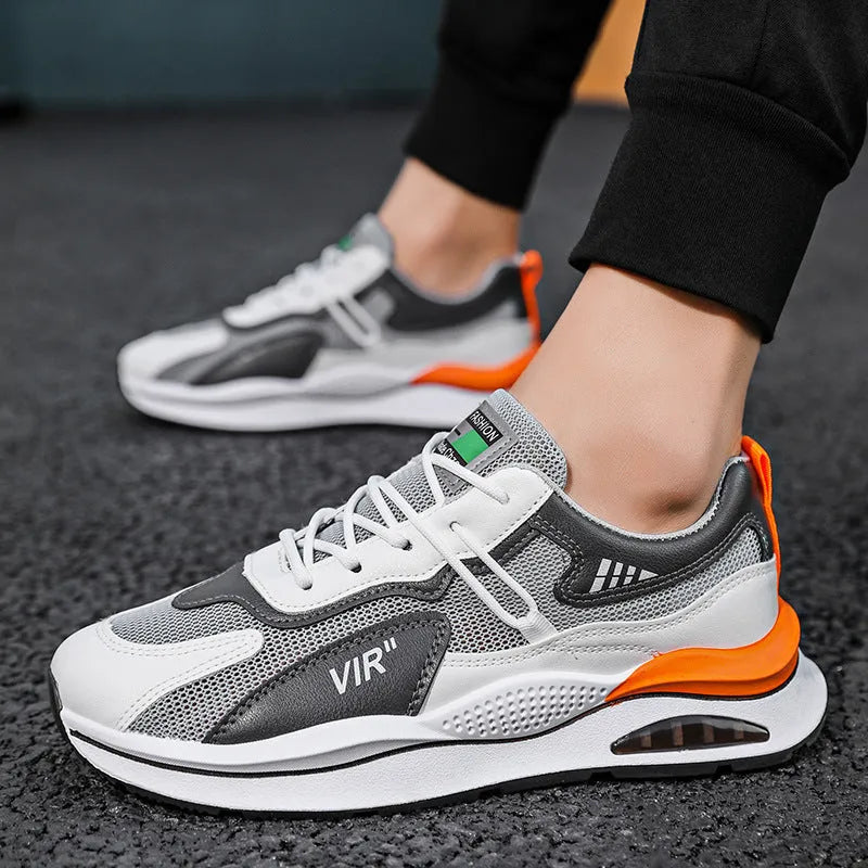 Men's grey mesh casual running shoes with round toe and middle-top design