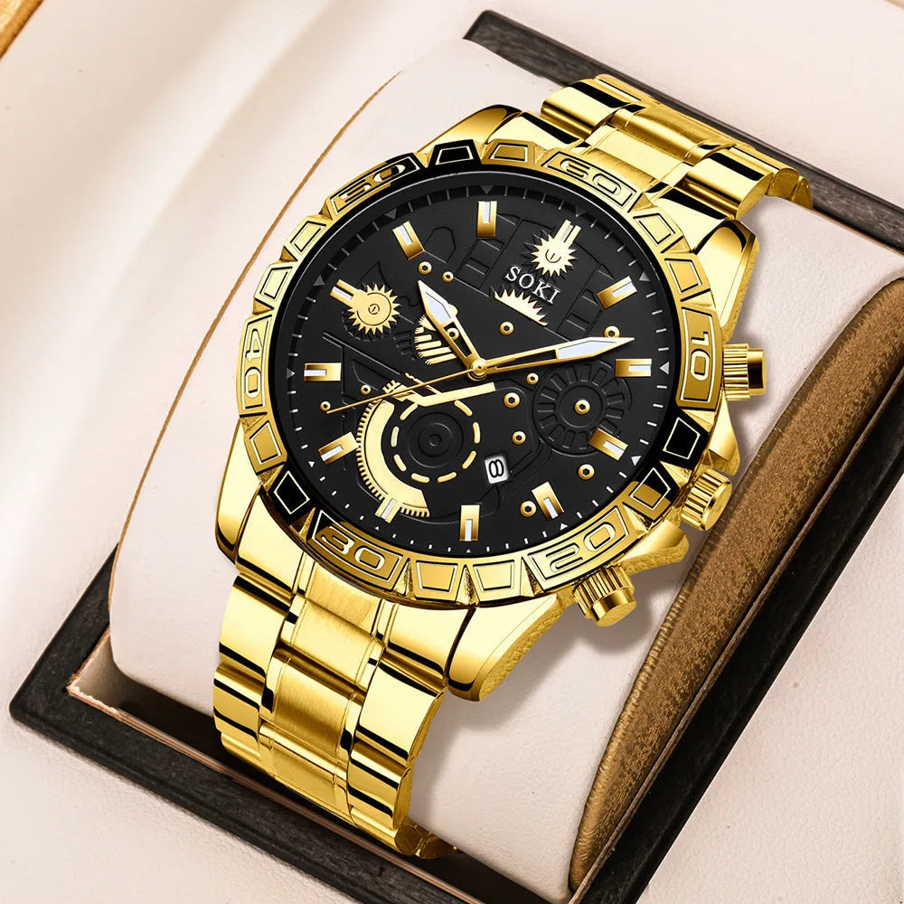 Gold men's stainless steel quartz watch with business styling and folding buckle