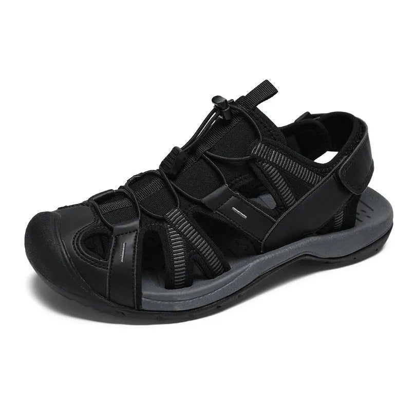 Men's blue and black mesh sports shoes with Velcro strap and rubber sole.