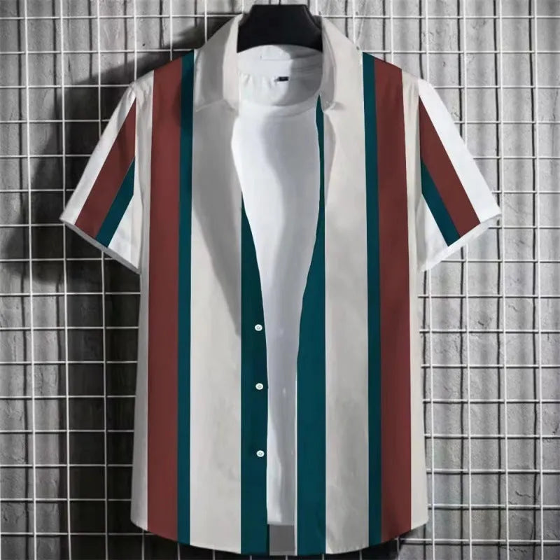 Men's striped linen short sleeve T-shirt with 3D printing, shown in multiple colour options.