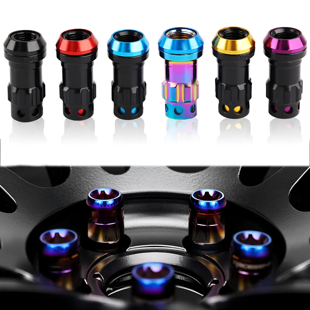 Aluminium alloy flat head wheel nuts in multiple colours with M12 thread for universal vehicle fitment