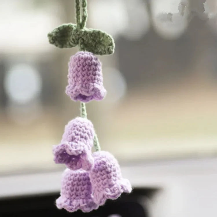 Green and white knitted car plant decoration with hanging rope on 8cm plastic base