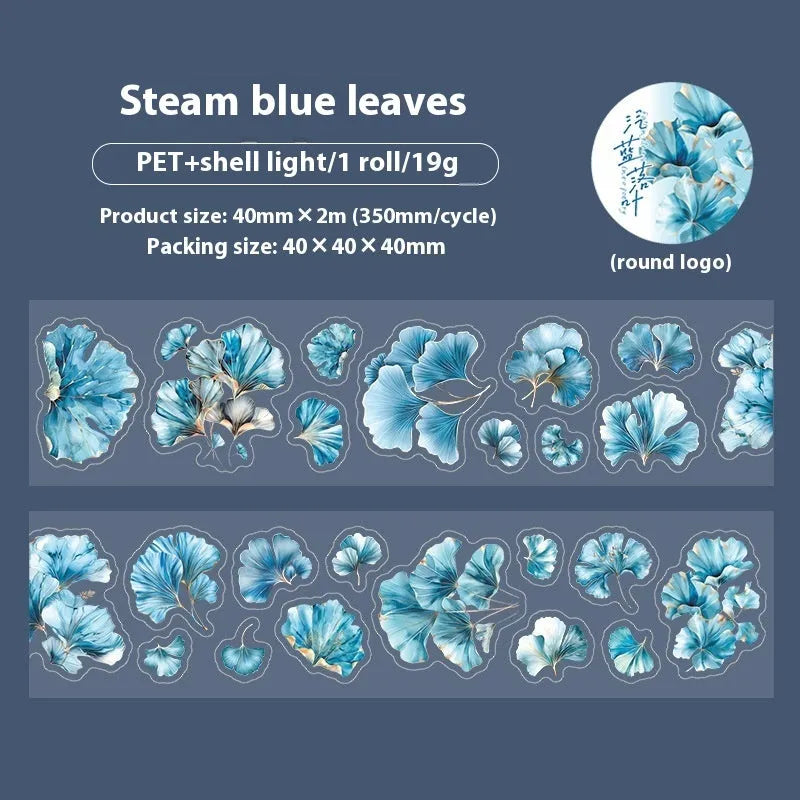 Six rolls of transparent PET decorative stickers with leaf patterns for hand account books