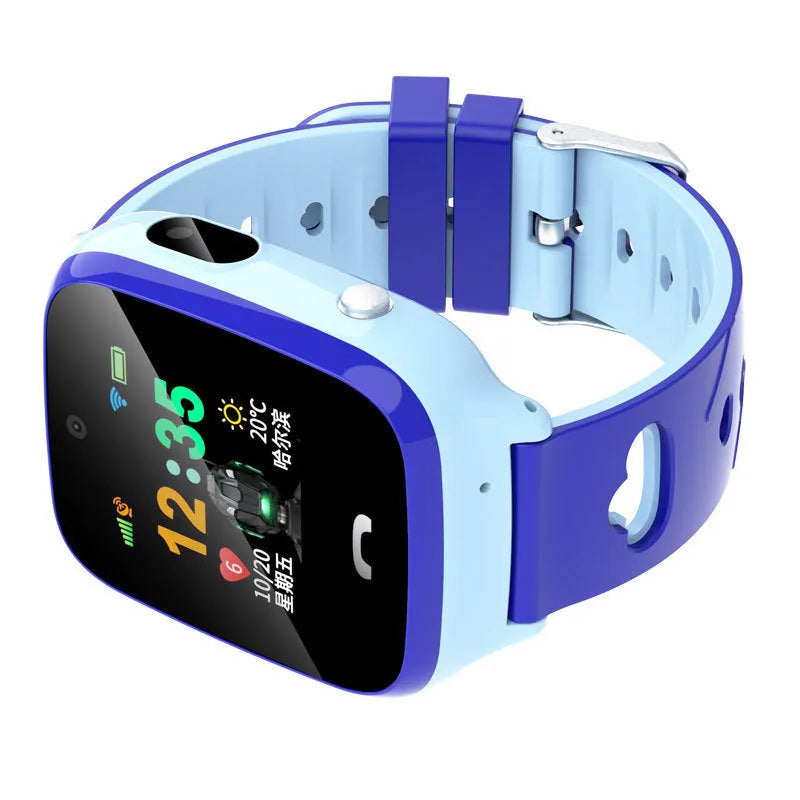 Children's smartwatch with touch screen showing positioning display on blue silicone wristband