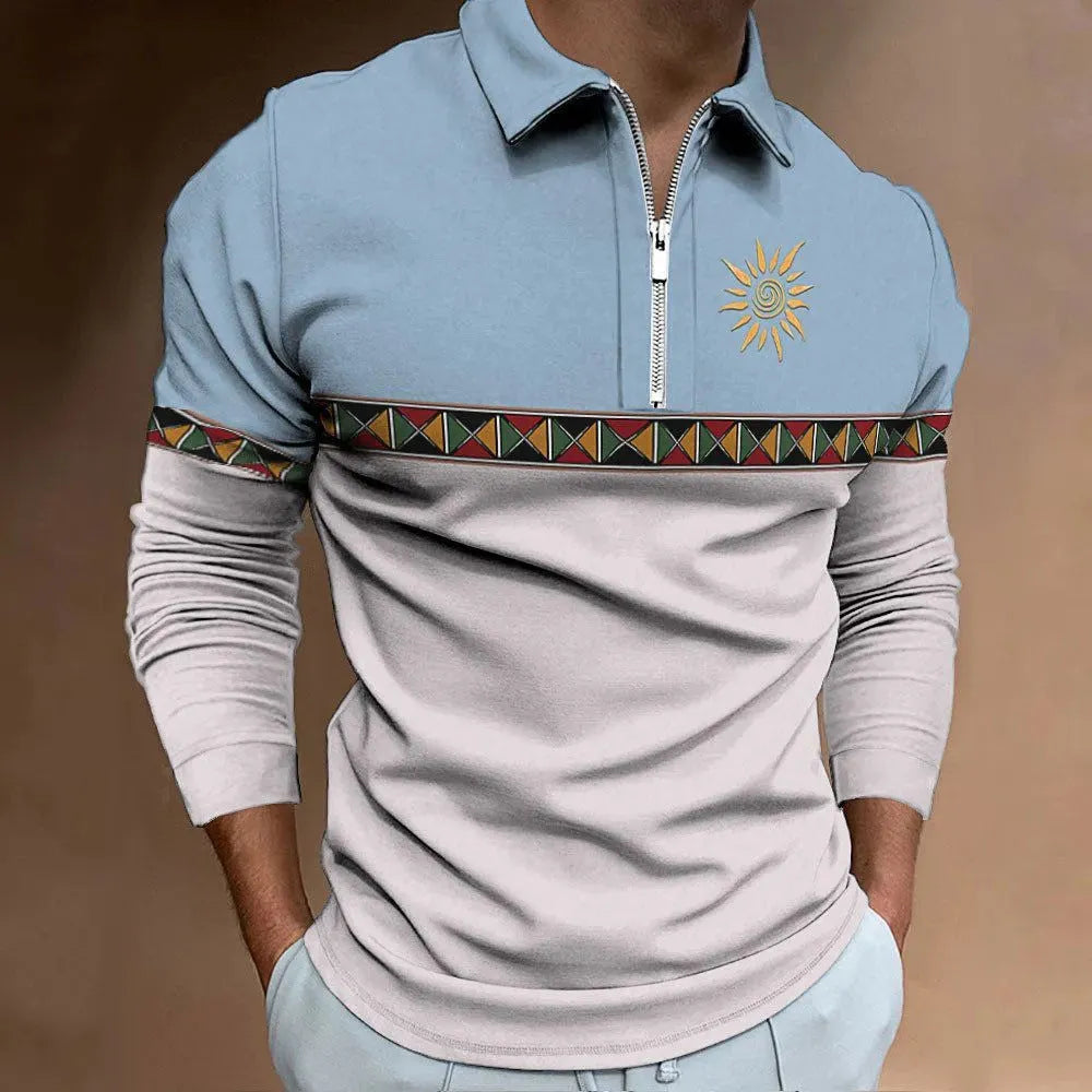 Men's loose fit long sleeve t-shirt with retro stripe prints and zip decorations