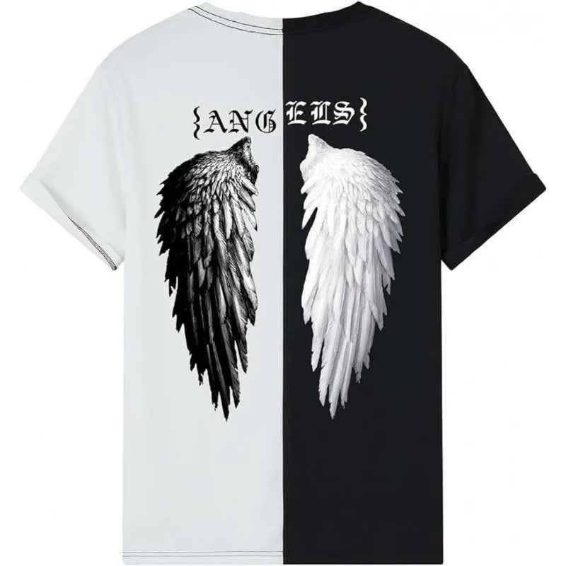 Men's grey printed short sleeve street T-shirt on a hanger showing digital graphic design.