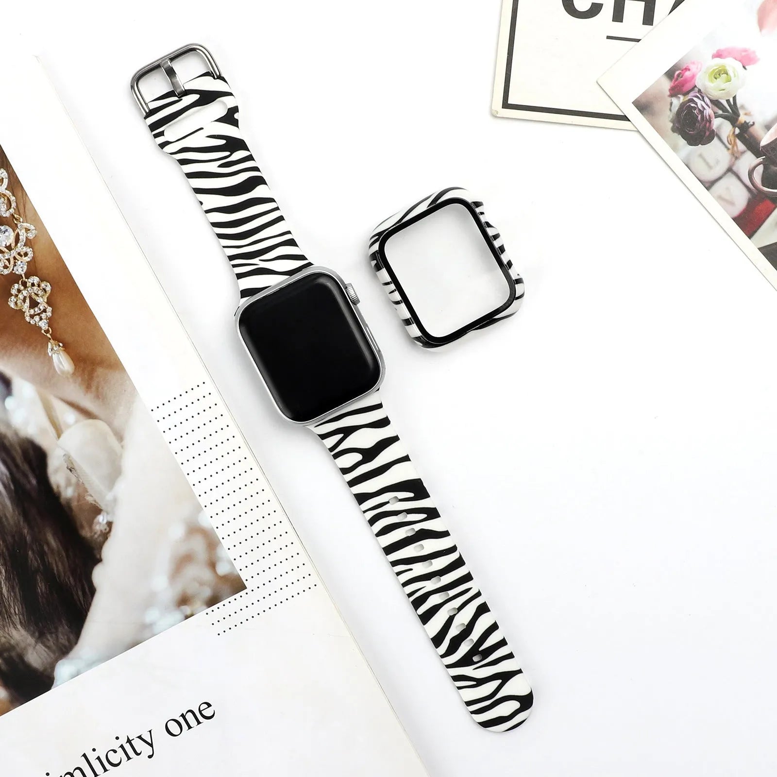 Printed silicone replacement strap for Apple Watch showing design options and 38mm 40mm 42mm 44mm size compatibility.