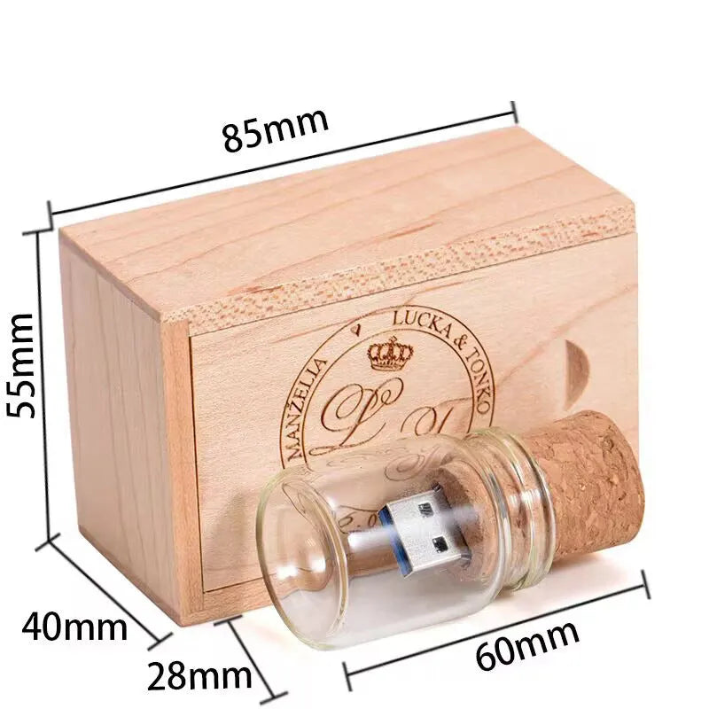 Clear glass drift bottle shaped USB flash drive with a wooden cork stopper, showing dimensions.