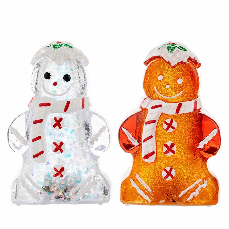 Glowing plastic gingerbread man Christmas ornament with a scarf in red, white, or transparent colours.