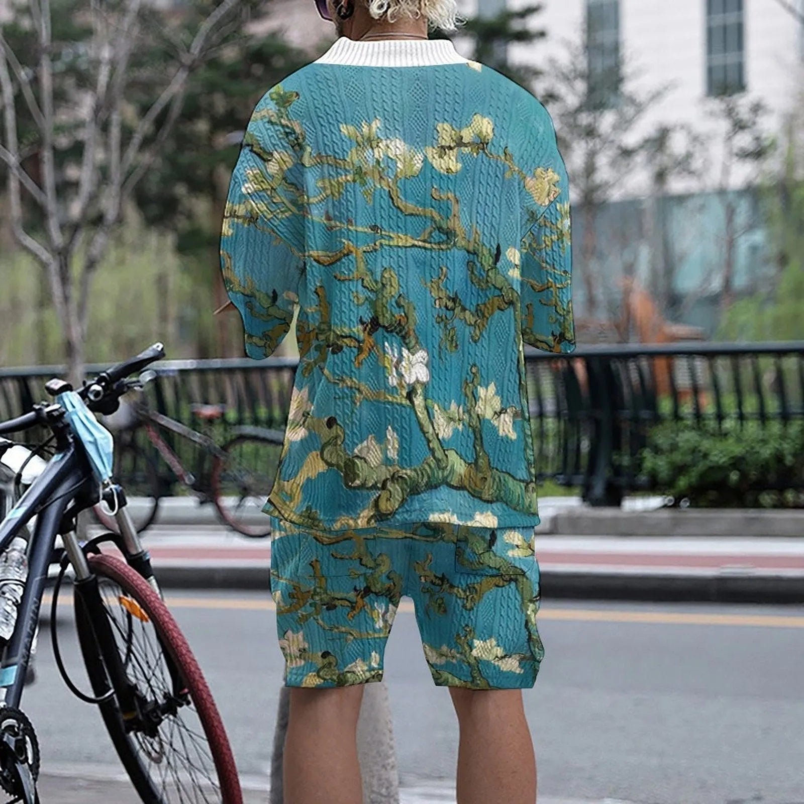 Men's peacock blue 3D printed casual suit with T-shirt and knitted shorts