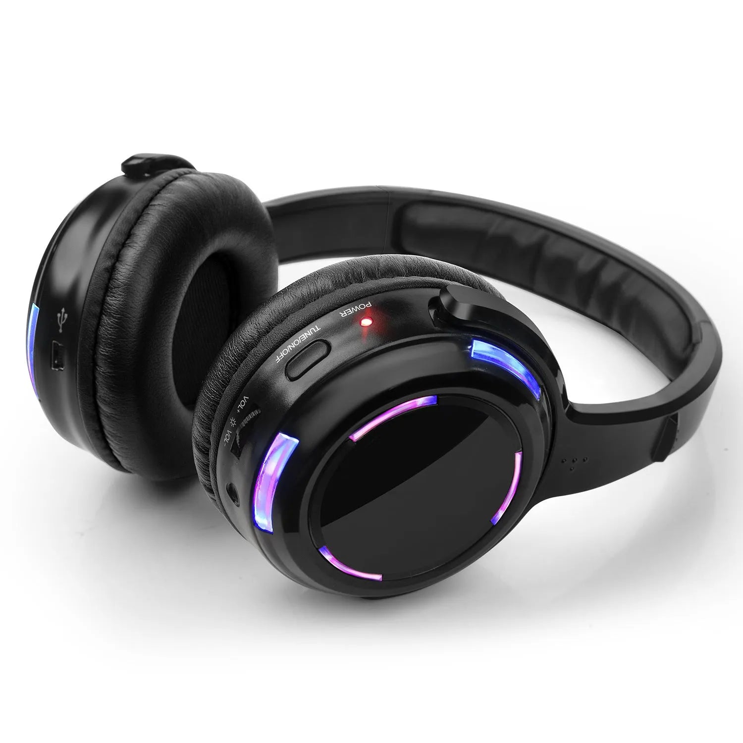 Black silent disco wireless headphones with 40mm drivers and built-in rechargeable battery for group party activities