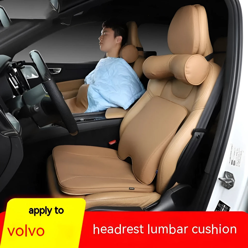 Car headrest cushion, lumbar support, and neck pillow set in brown colour on car seat