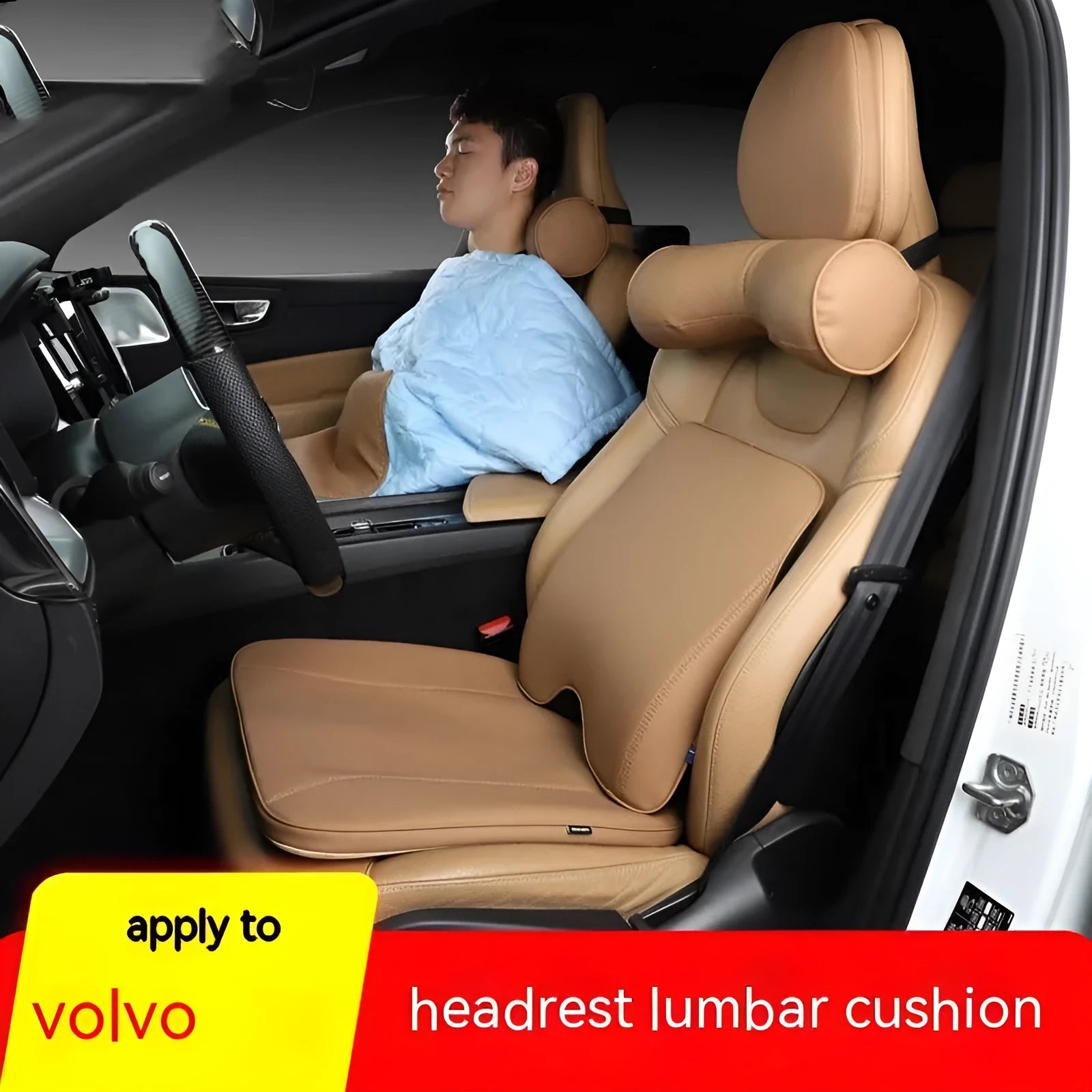 Car headrest cushion, lumbar support, and neck pillow set in brown colour on car seat