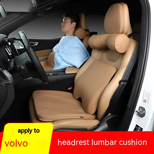Car headrest cushion, lumbar support, and neck pillow set in brown colour on car seat