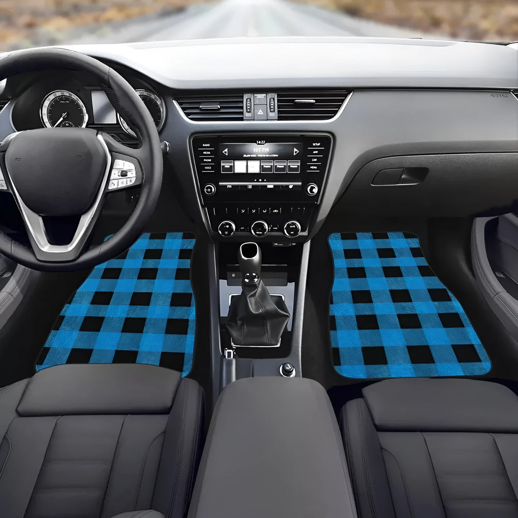 Black printed rubber car floor mat set, four pieces, 20mm thick, on a car interior floor.