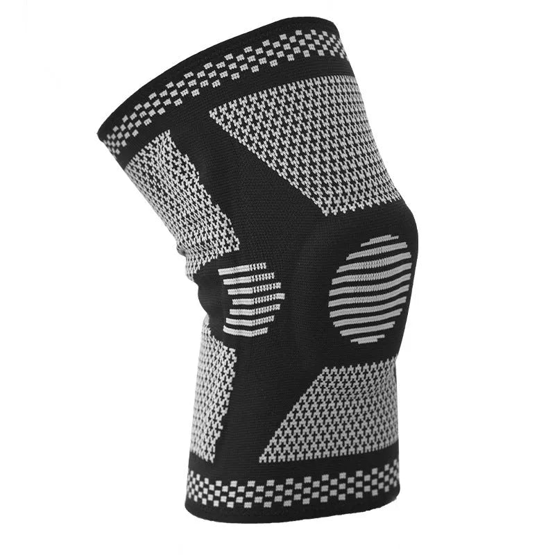 Green silicone spring knee pad shown on a leg, with size options M L XL for leg circumferences 35-55cm.