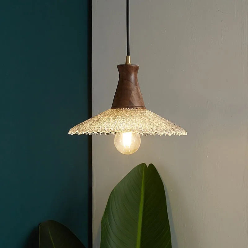 Retro wood and glass ceiling chandelier with brass-colour finish in three sizes.