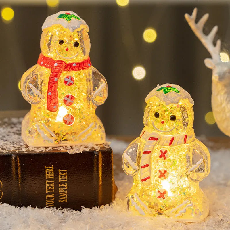Glowing plastic gingerbread man Christmas ornament with a scarf in red, white, or transparent colours.