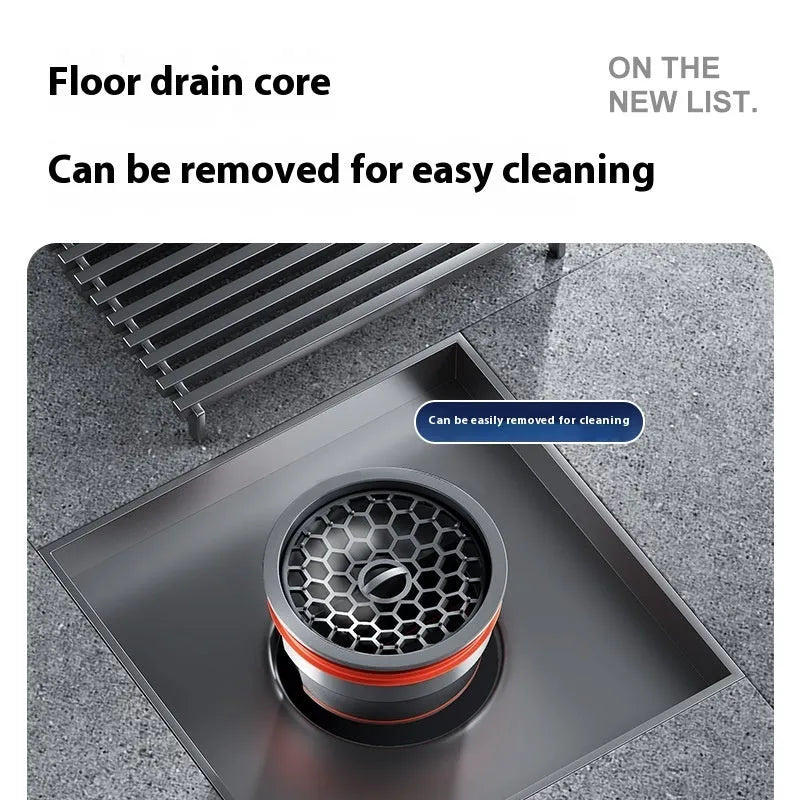 Gun grey 304 stainless steel courtyard floor drain with a square 15x15 cm design and ABS plastic core.