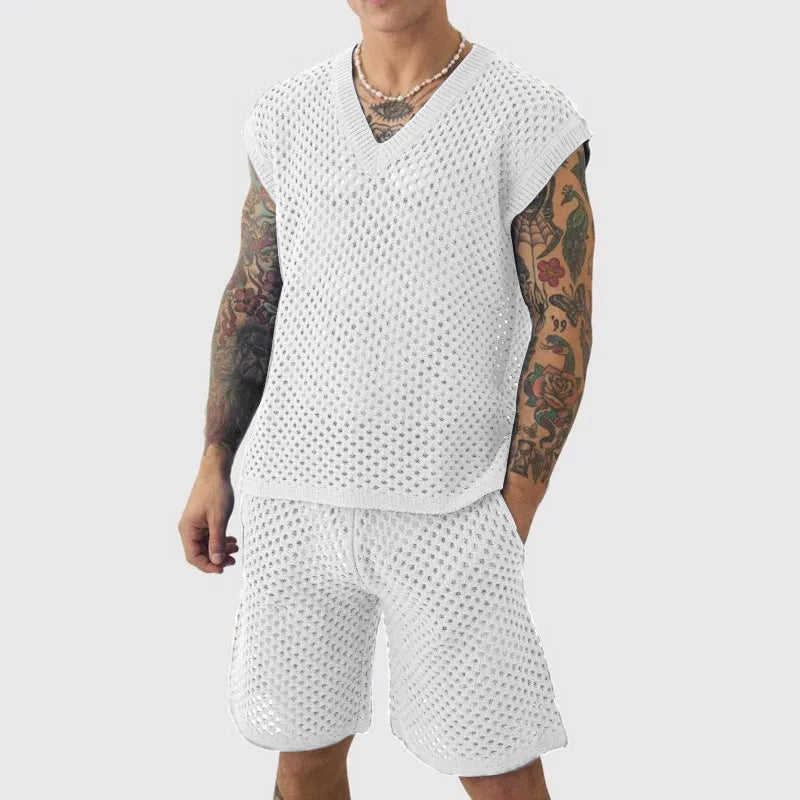 Men's blue knitted vest and shorts sports suit with V-neck and sleeveless design