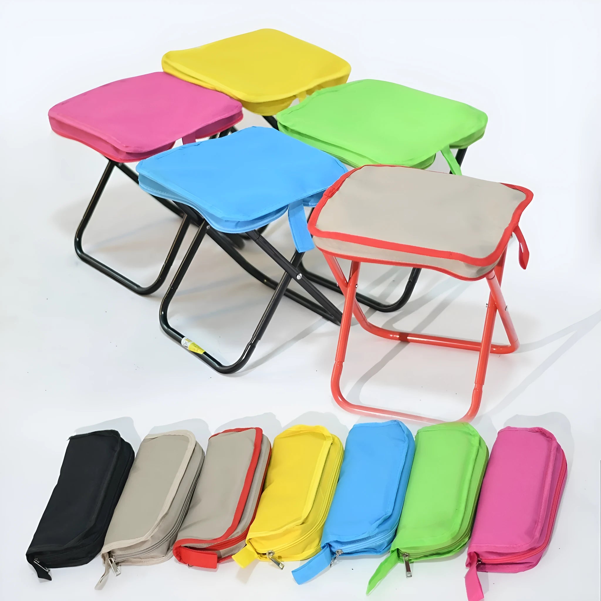 Foldable outdoor camp stool in Oxford cloth shown in a khaki colour, collapsed in its flat pencil box design.